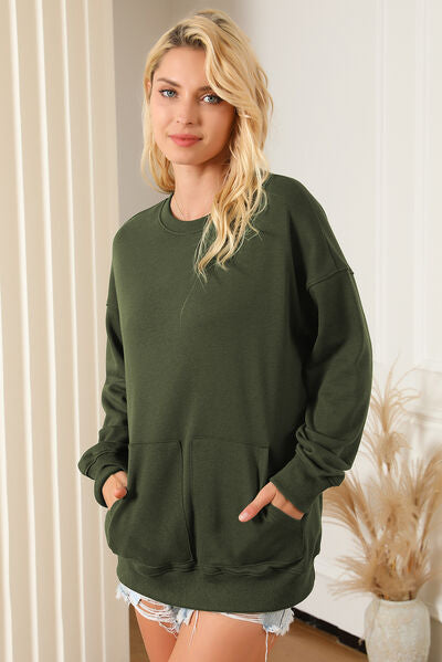 Pocketed Round Neck Dropped Shoulder Sweatshirt