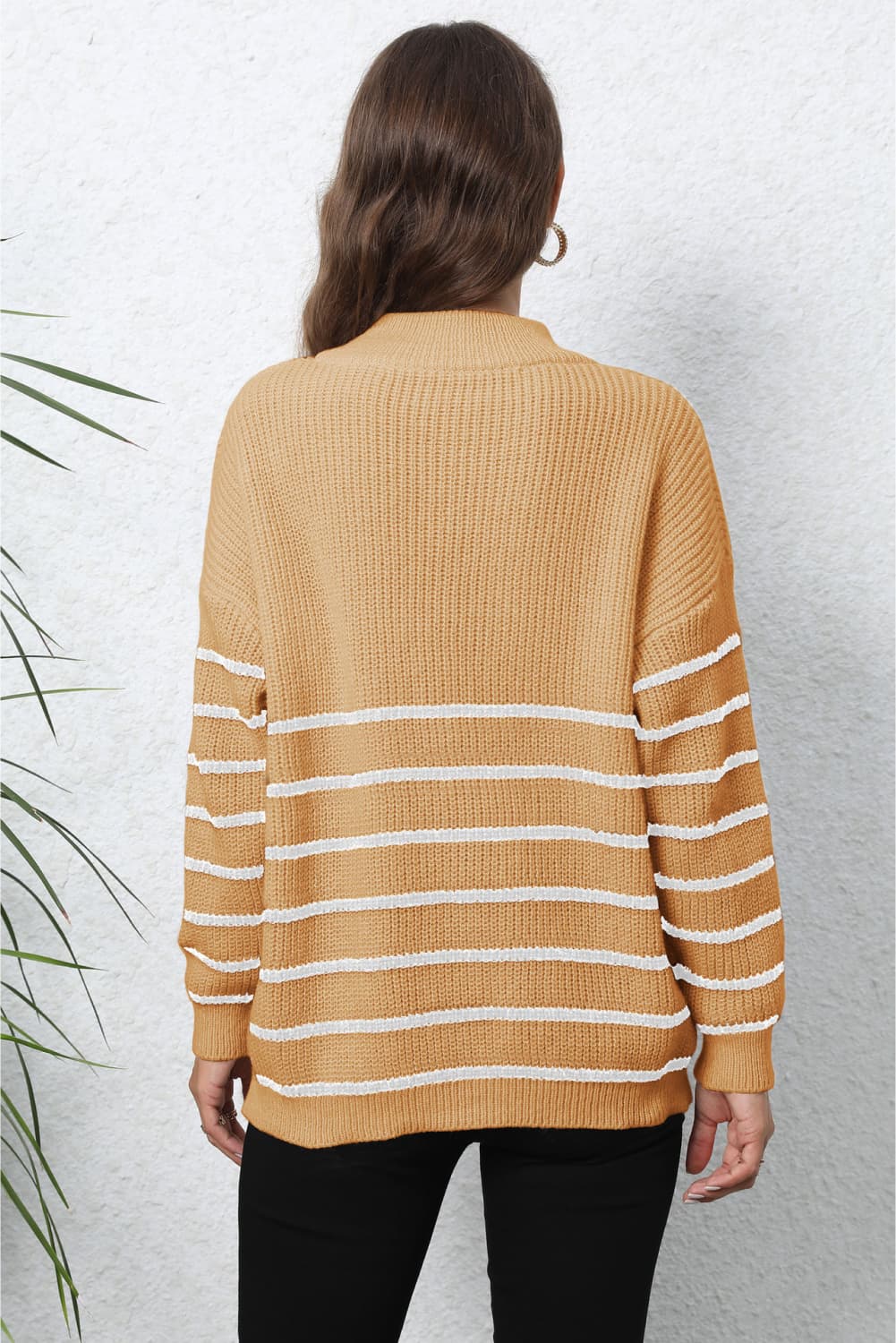 Striped Zip-Up Long Sleeve Ribbed Sweater