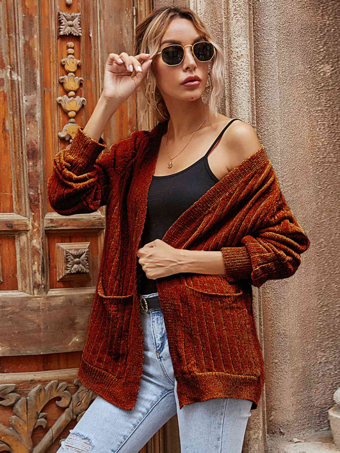 Ribbed Open Front Long Sleeve Cardigan with Pockets