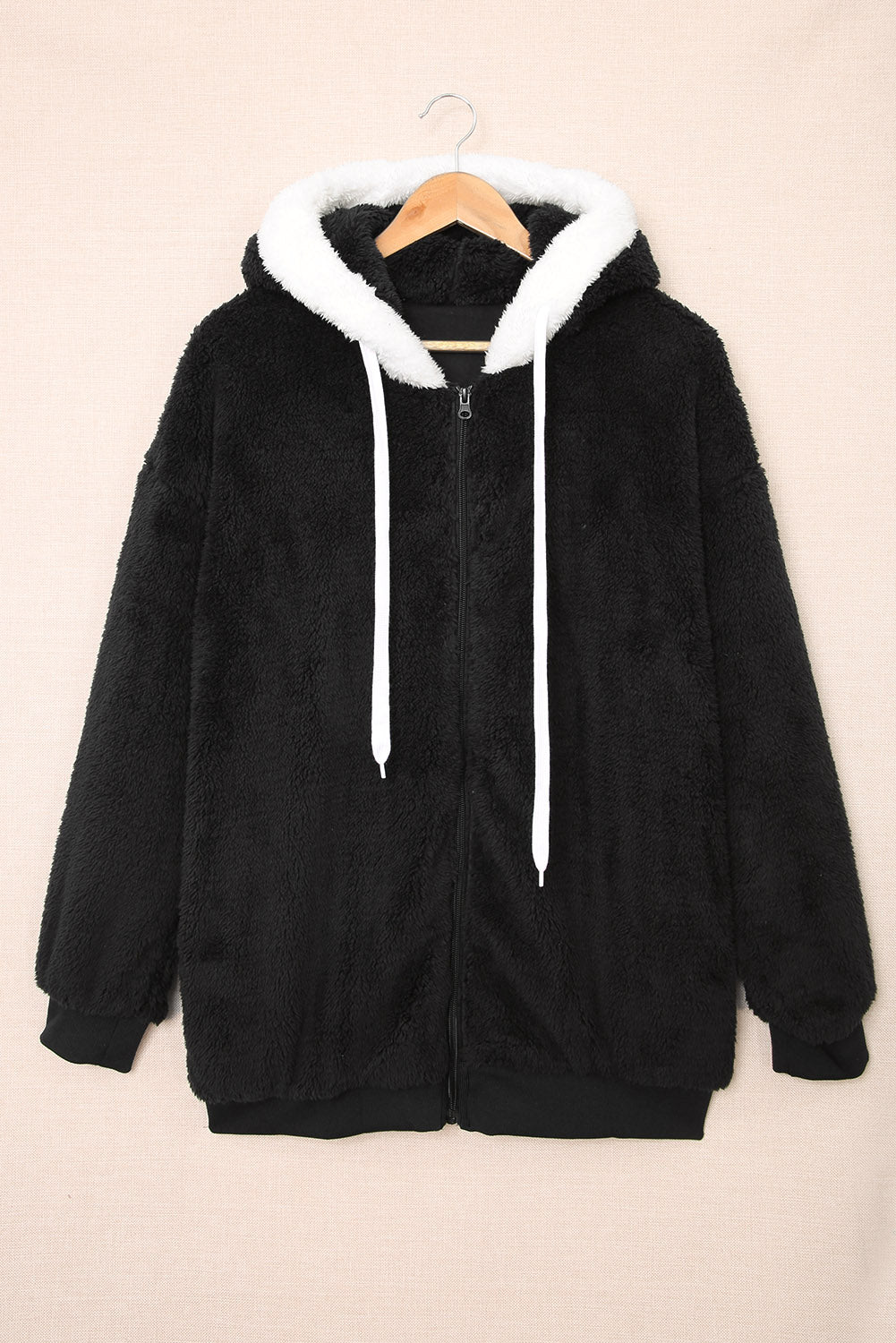 Contrast Trim Zip Up Hooded Teddy Jacket