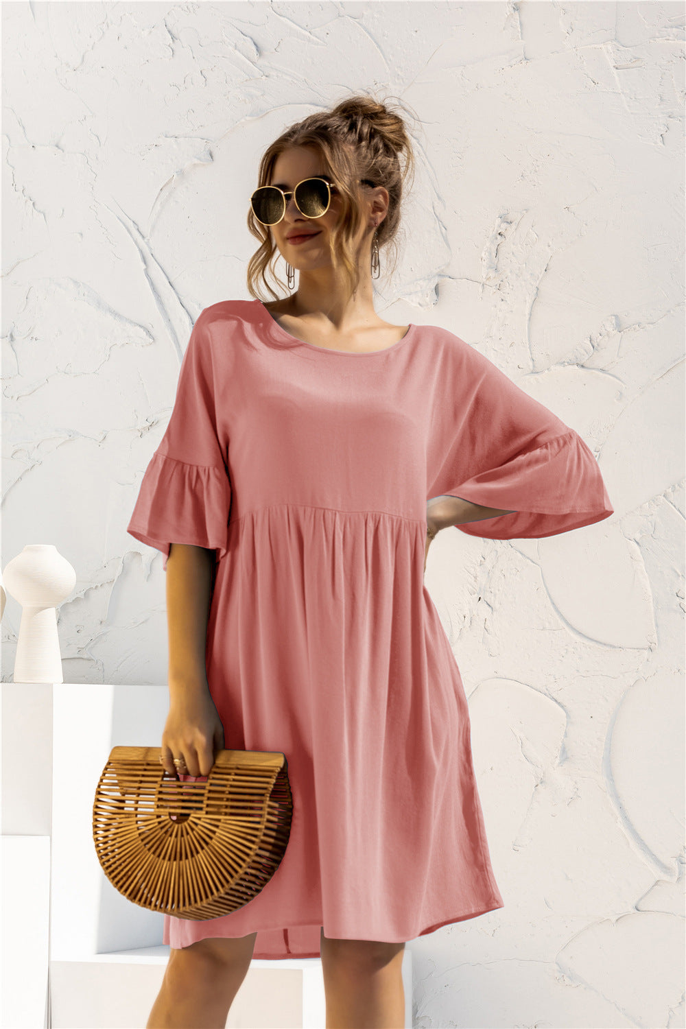 Boat Neck Flounce Sleeve Knee-Length Dress