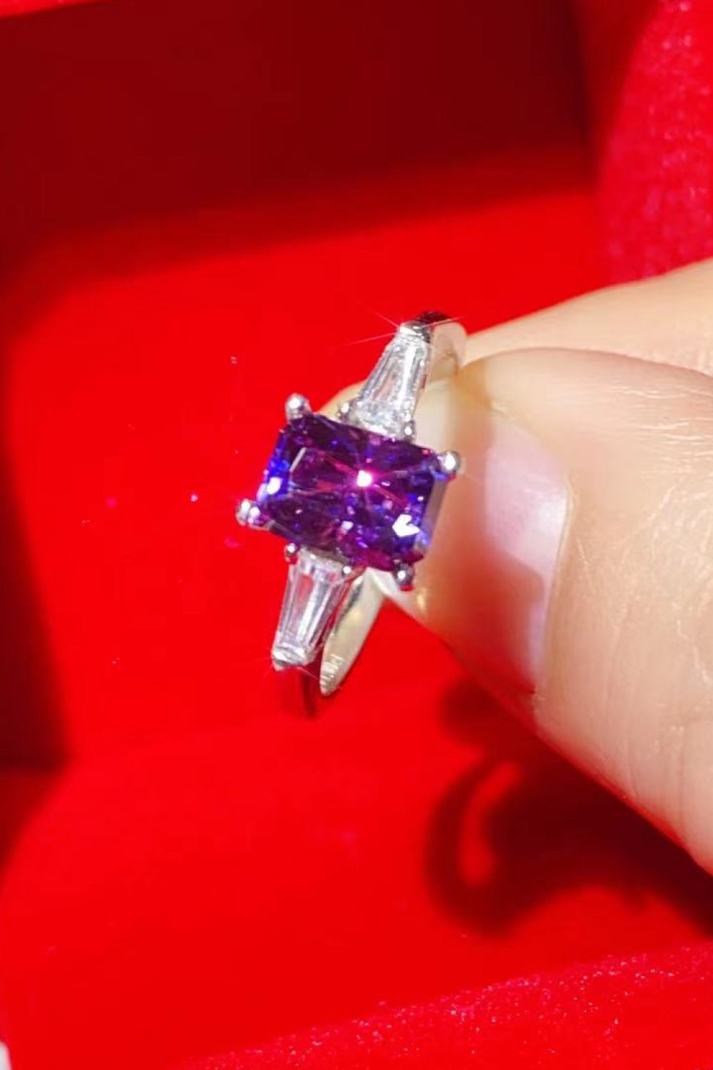 1 Carat Moissanite Platinum-Plated Rectangle Ring in Purple