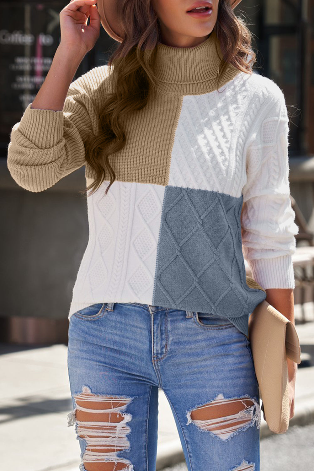 Color Block Drop Shoulder Turtleneck Pullover Sweater