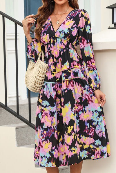 Printed V-Neck Balloon Sleeve Dress