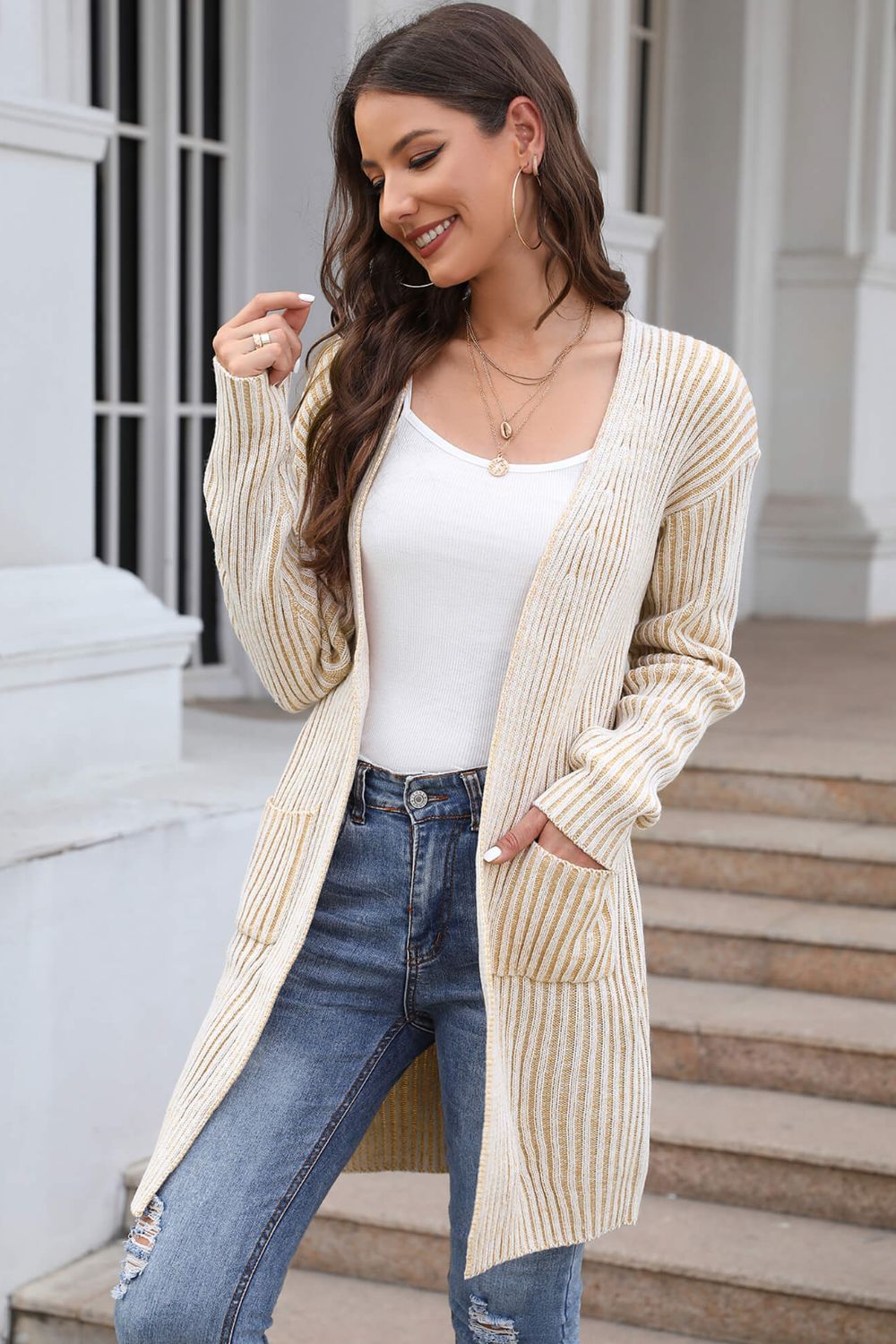 Open Front Dropped Shoulder Pocket Longline Cardigan