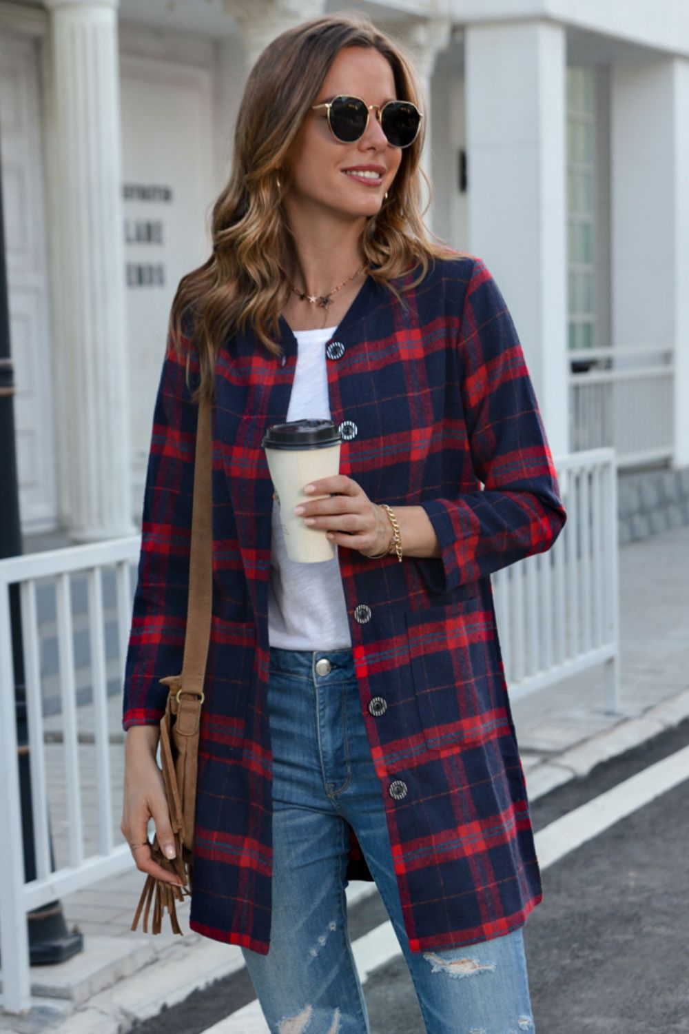 Full Size Plaid Button Down Longline Jacket with Pockets