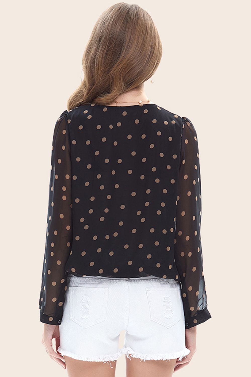 Full Size Polka Dot Round Neck Long Puff Sleeve Blouse