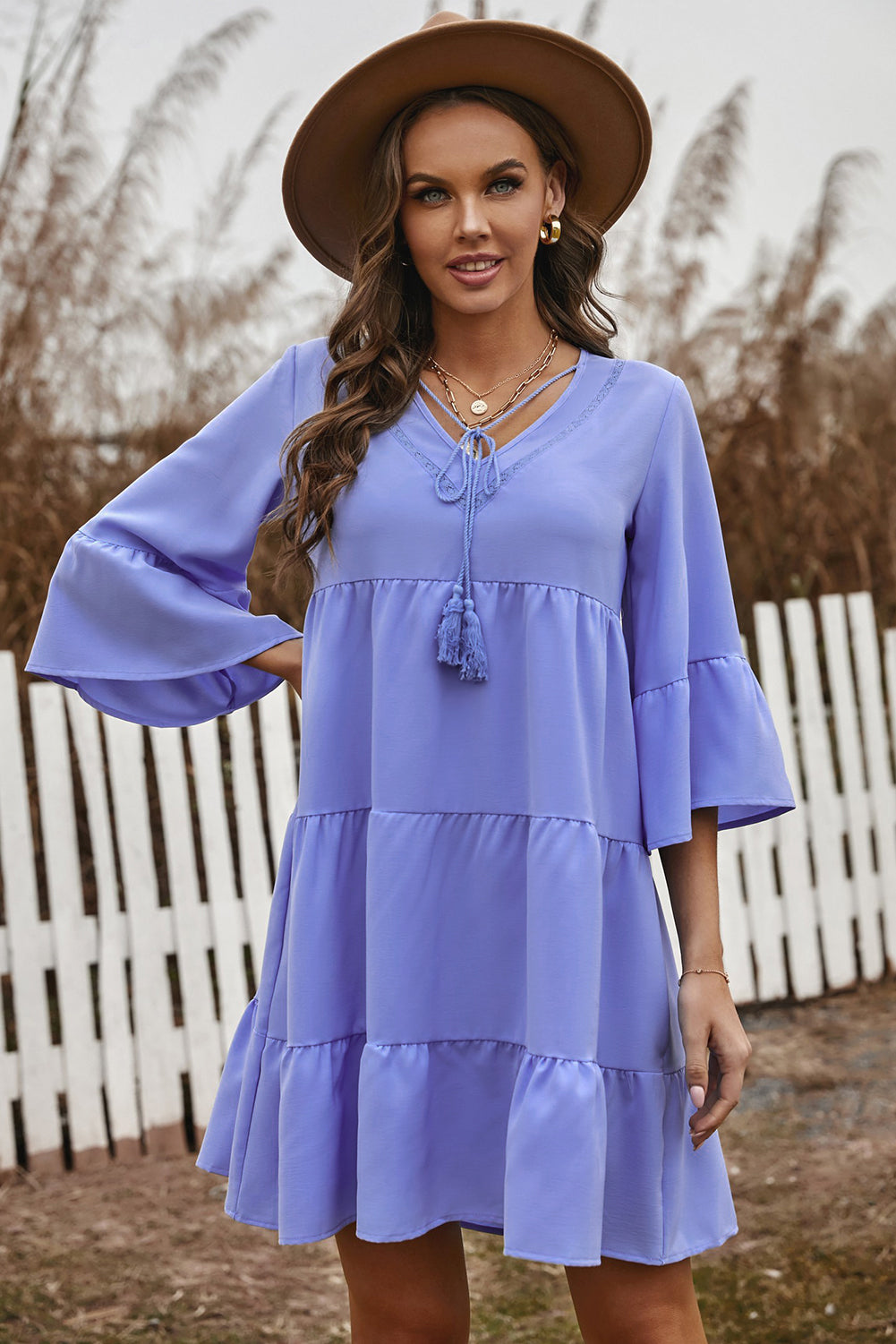 Tassel Tie Tiered Flounce Sleeve Tiered Dress