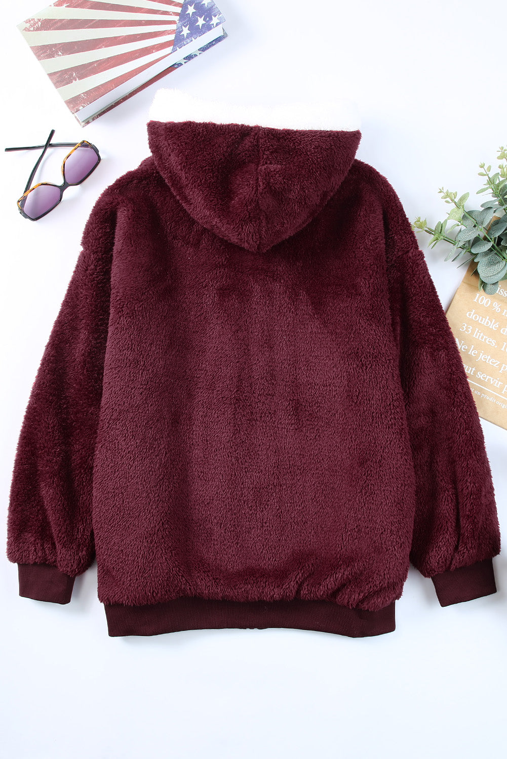 Contrast Trim Zip Up Hooded Teddy Jacket