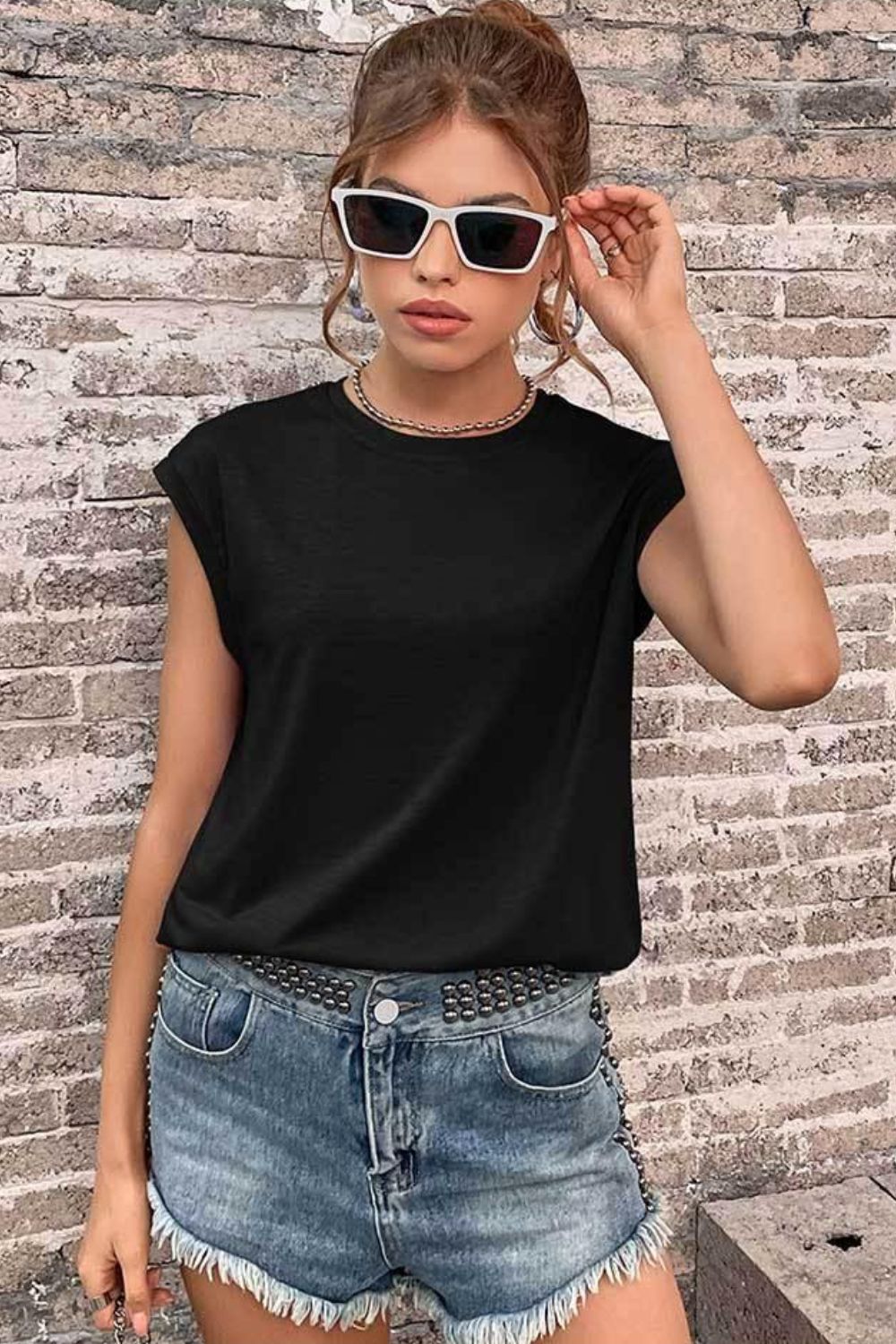 Round Neck Cap Sleeve Top