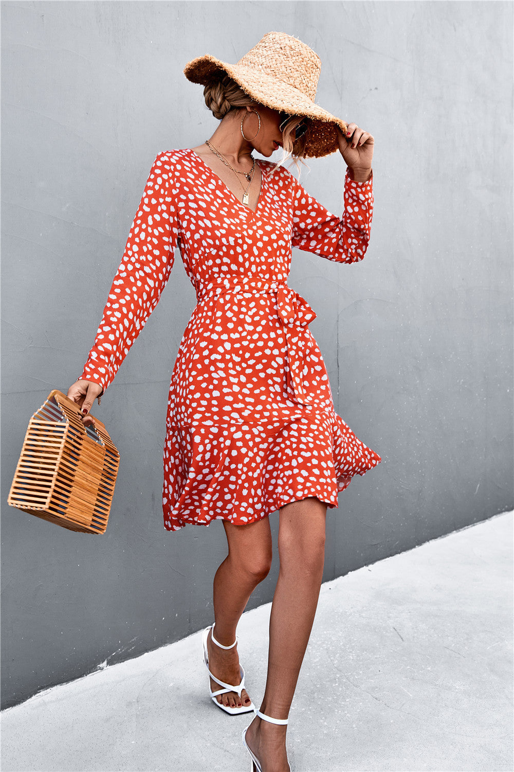 Printed V-Neck Tie Belt Ruffle Hem Mini Dress