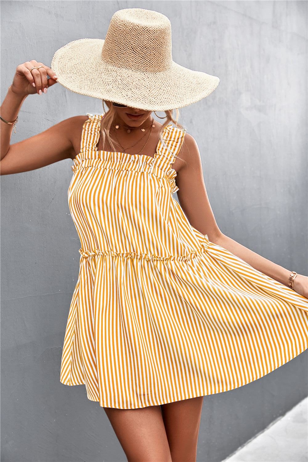 Striped Frill Trim Square Neck Dress
