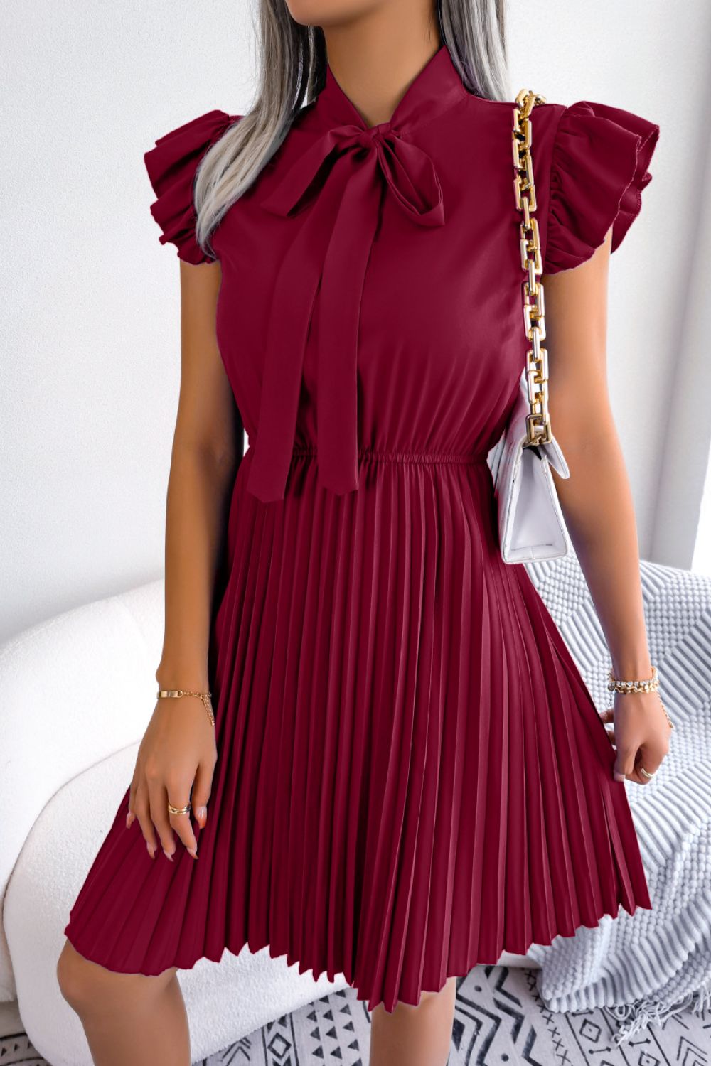 Tie Neck Butterfly Sleeve Pleated Dress