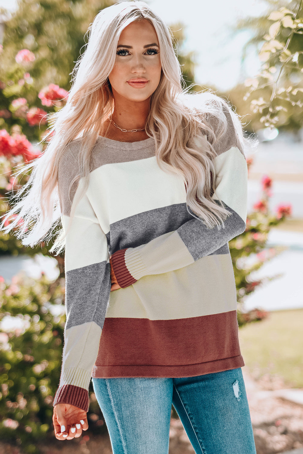 Color Block Drop Shoulder Round Neck Sweater