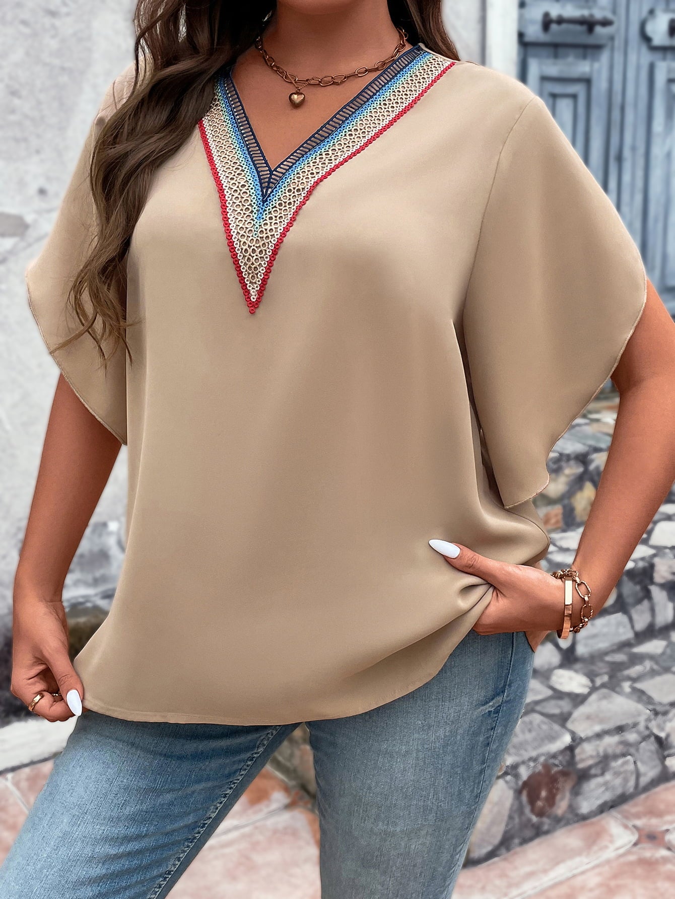 Plus Size V-Neck Flutter Sleeve Blouse