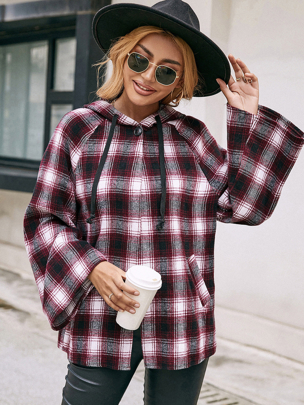 Plaid Drawstring Hooded Jacket