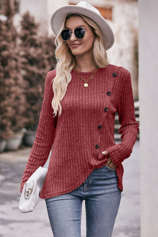 Ribbed Round Neck Buttoned Long Sleeve Tee