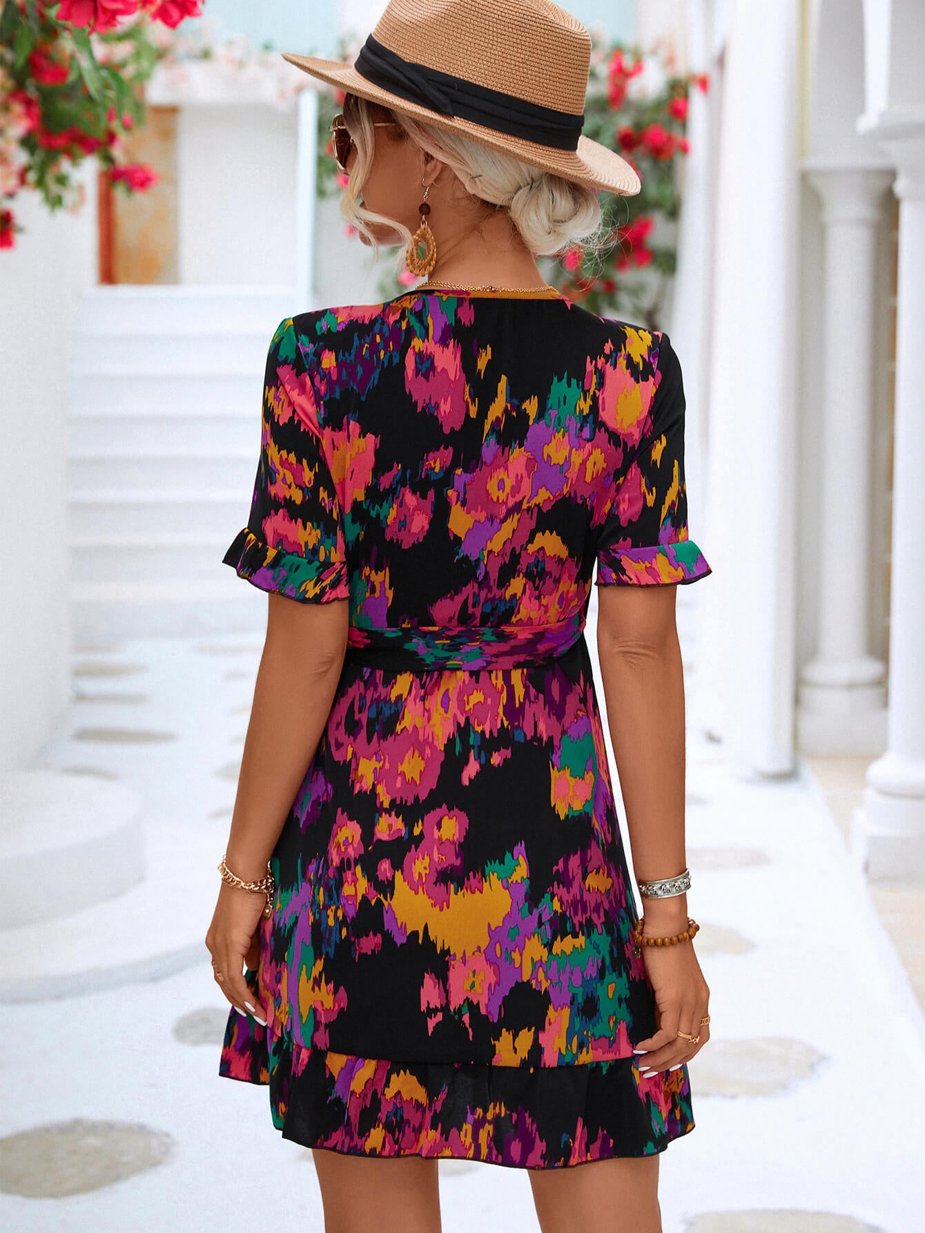 Printed Flounce Sleeve Tied Dress