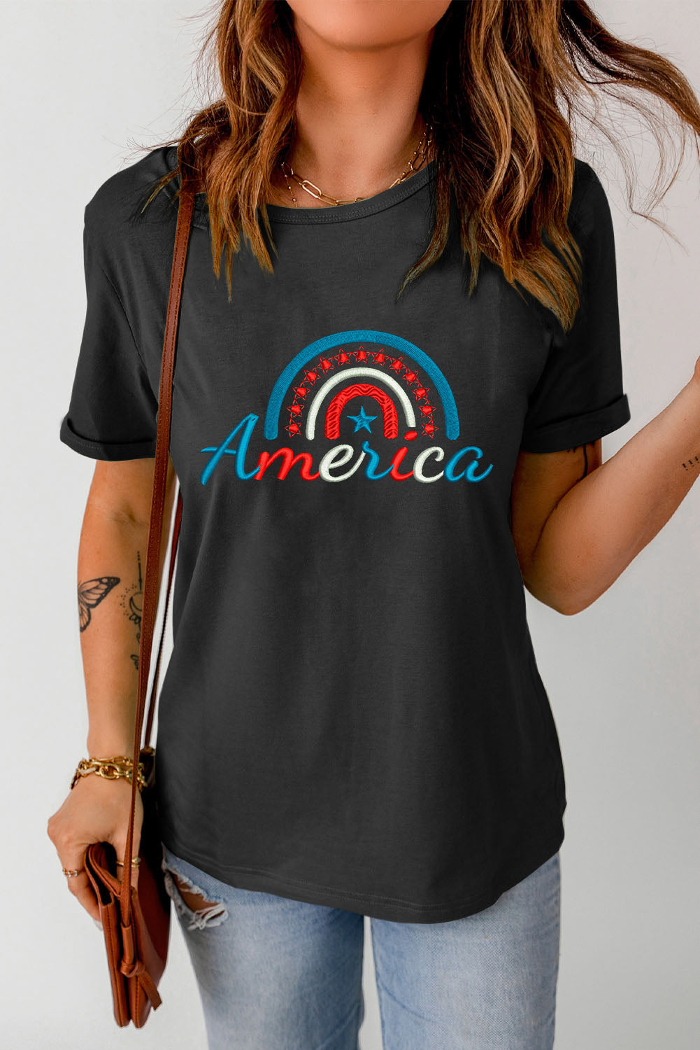 AMERICAN Embroidered Round Neck Cuffed Tee Shirt