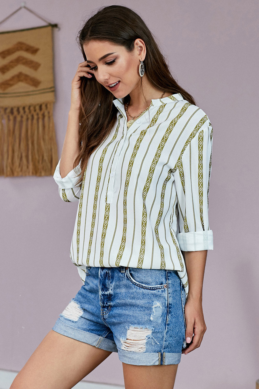 Striped Half-Button Crewneck Top
