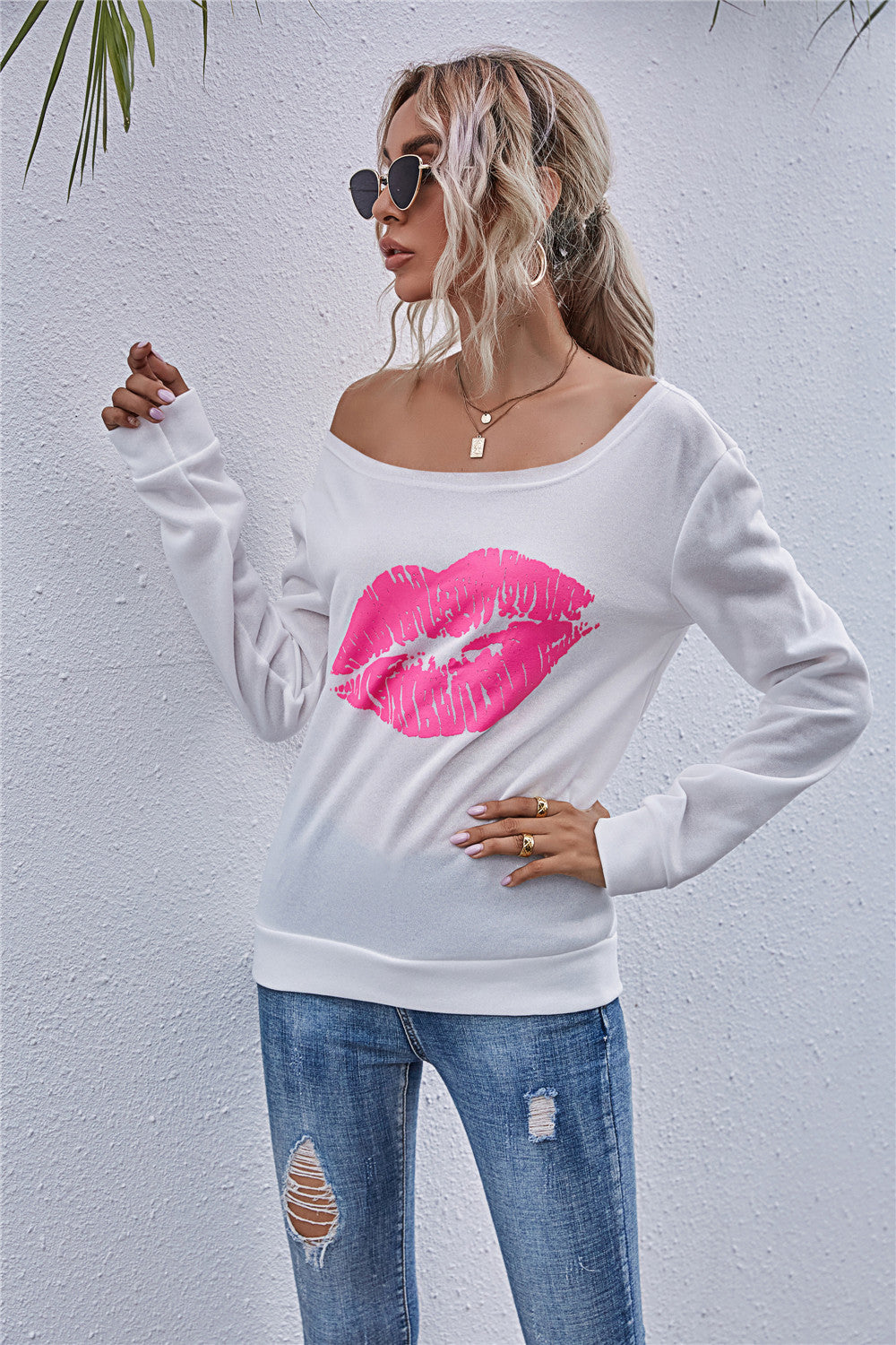 Lip Graphic Off-Shoulder Sweatshirt