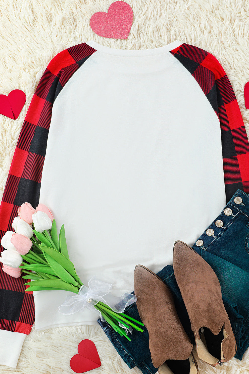 Plaid Heart Round Neck Sweatshirt