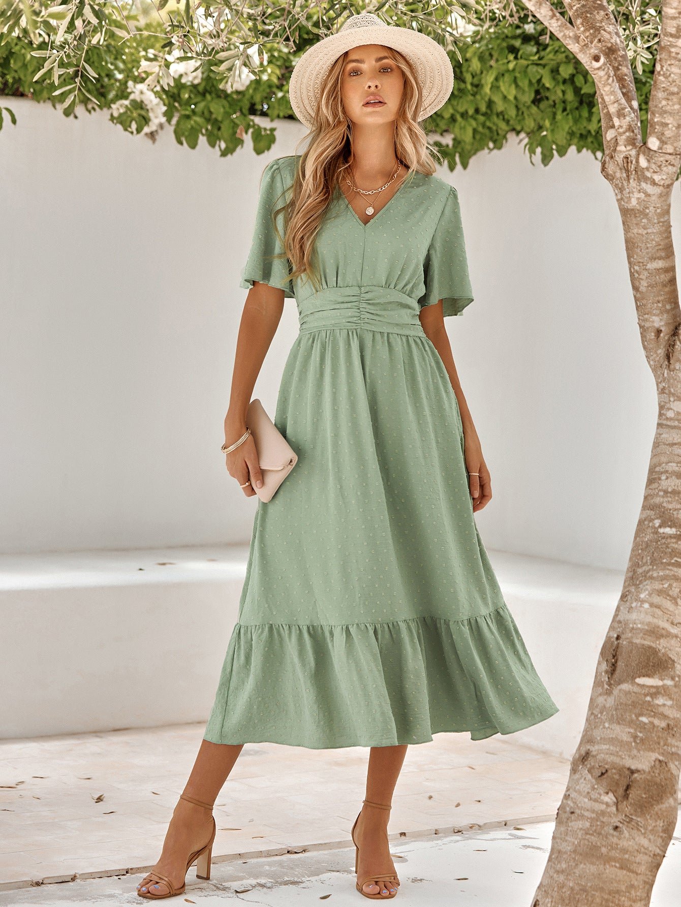 Swiss Dot V-Neck Ruffle Hem Dress