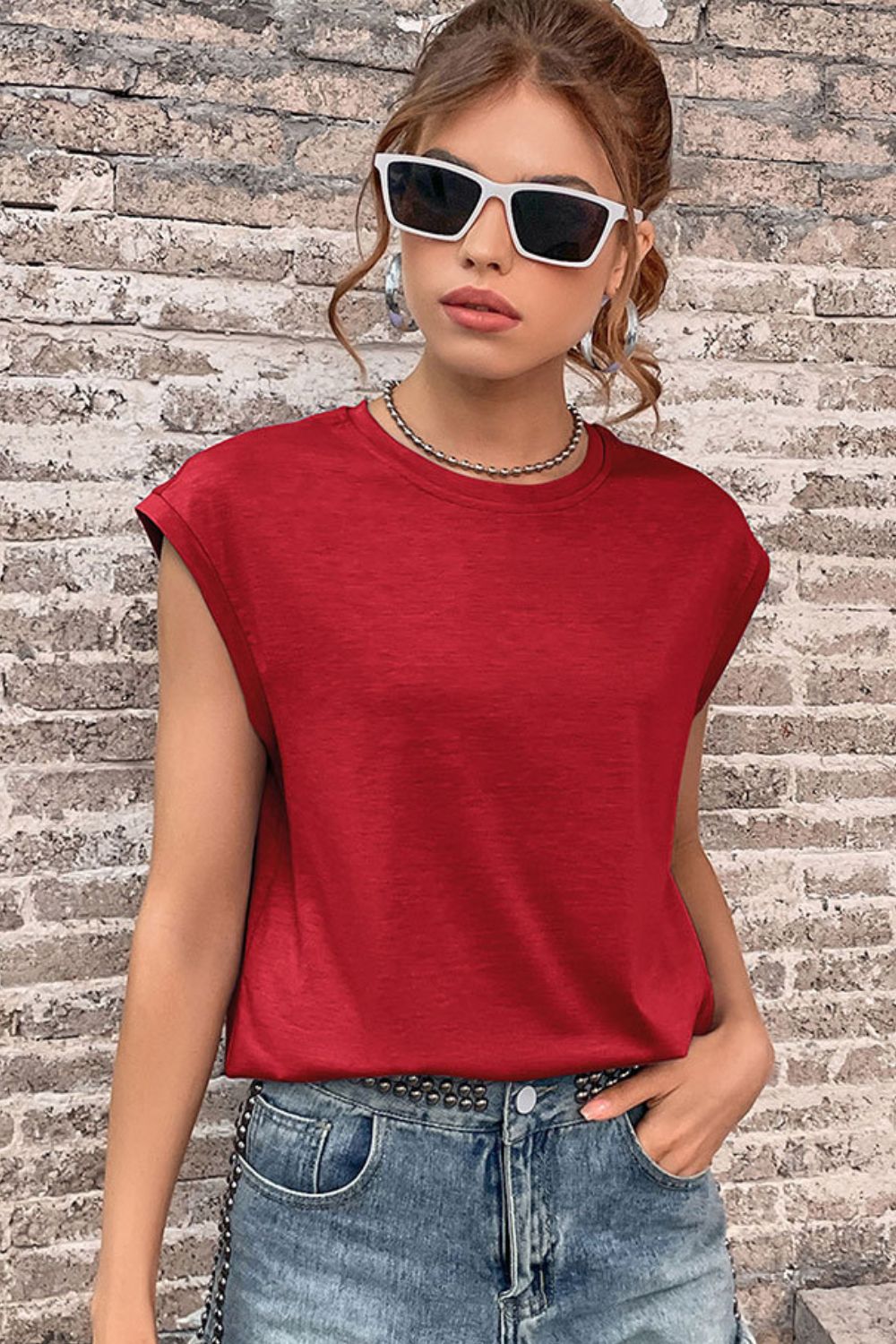 Round Neck Cap Sleeve Top