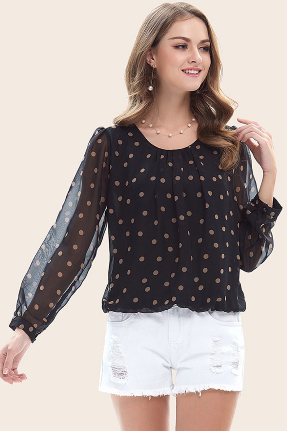 Full Size Polka Dot Round Neck Long Puff Sleeve Blouse