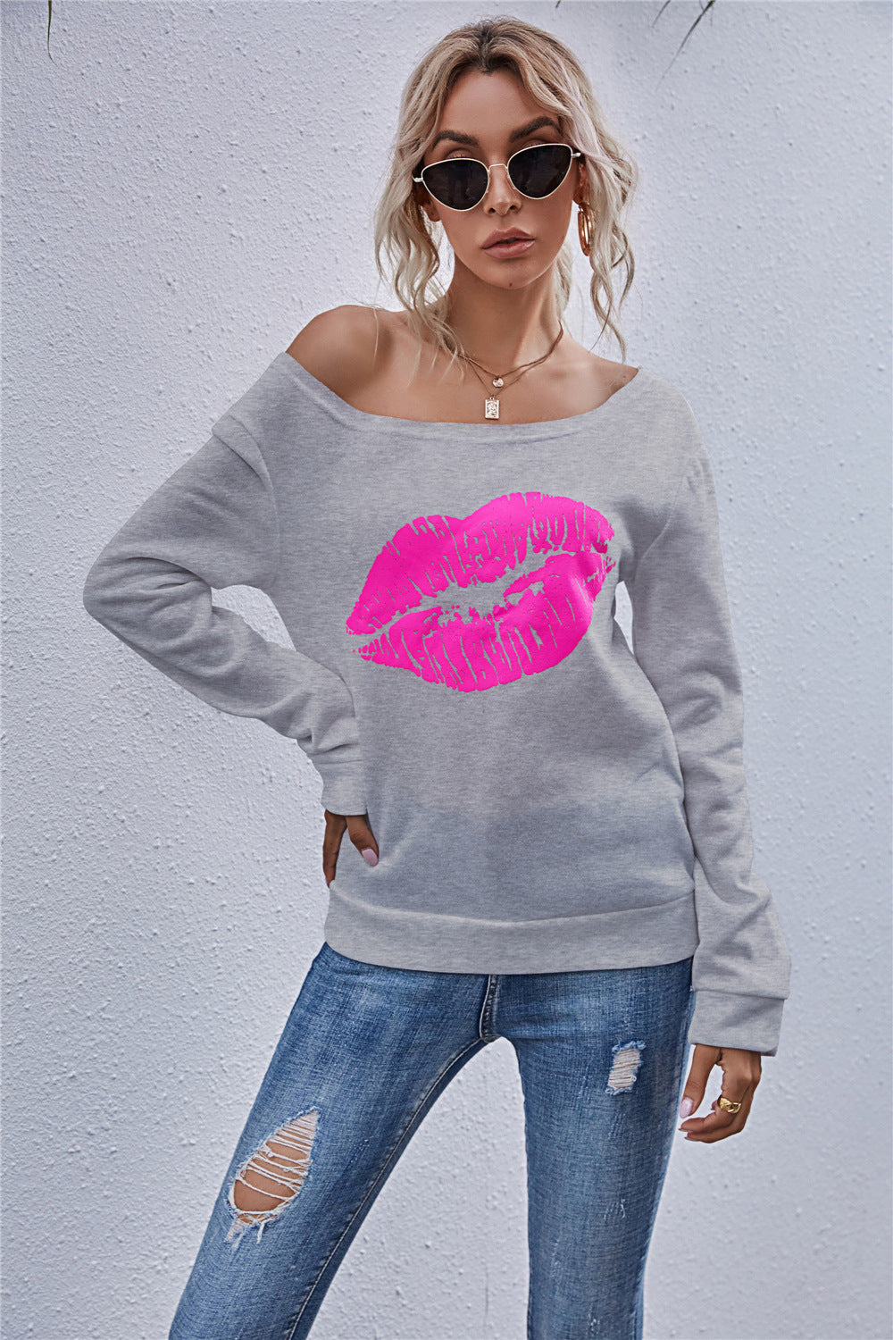 Lip Graphic Off-Shoulder Sweatshirt