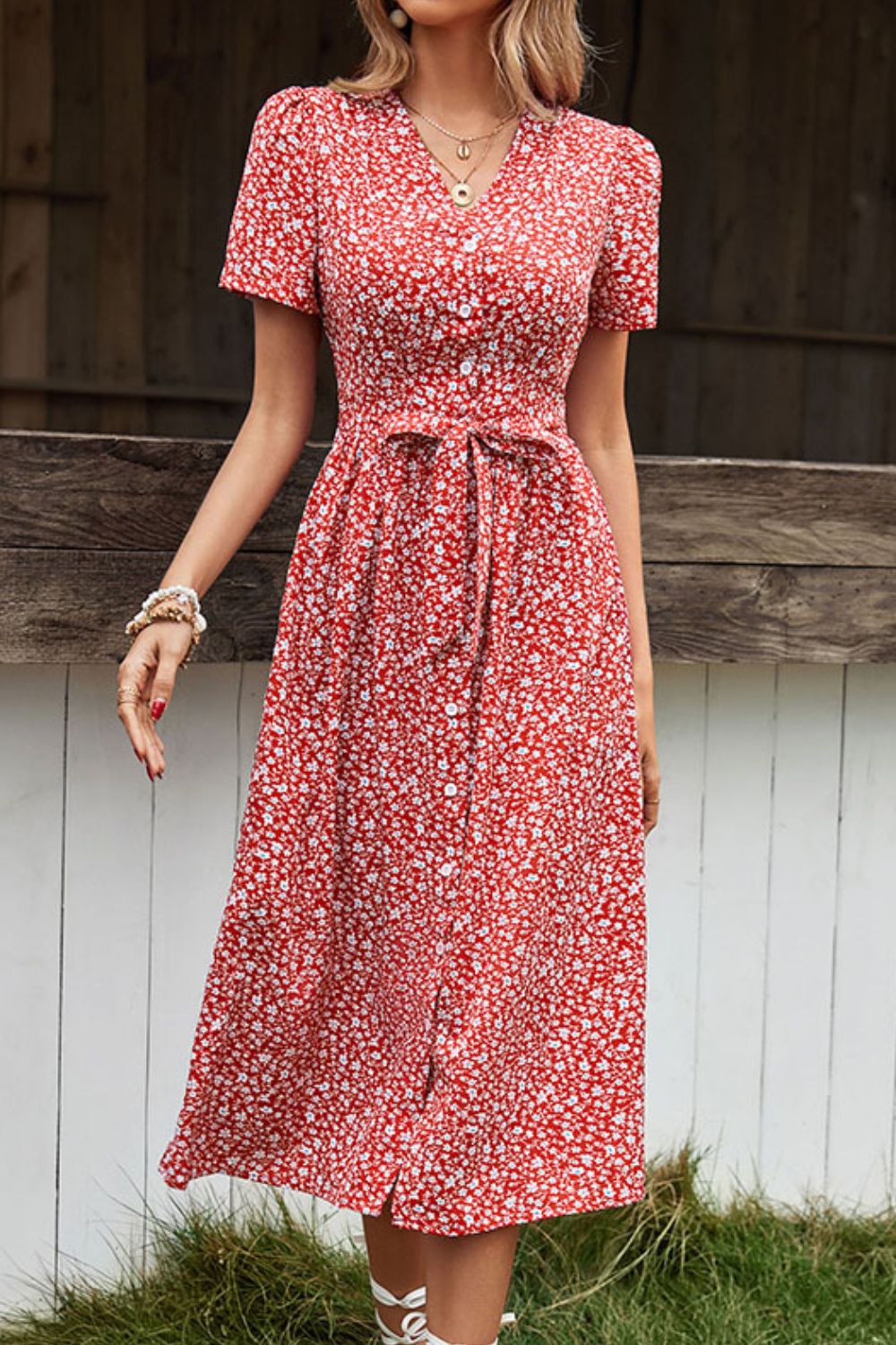 Ditsy Floral Button Front Tied Puff Sleeve Dress