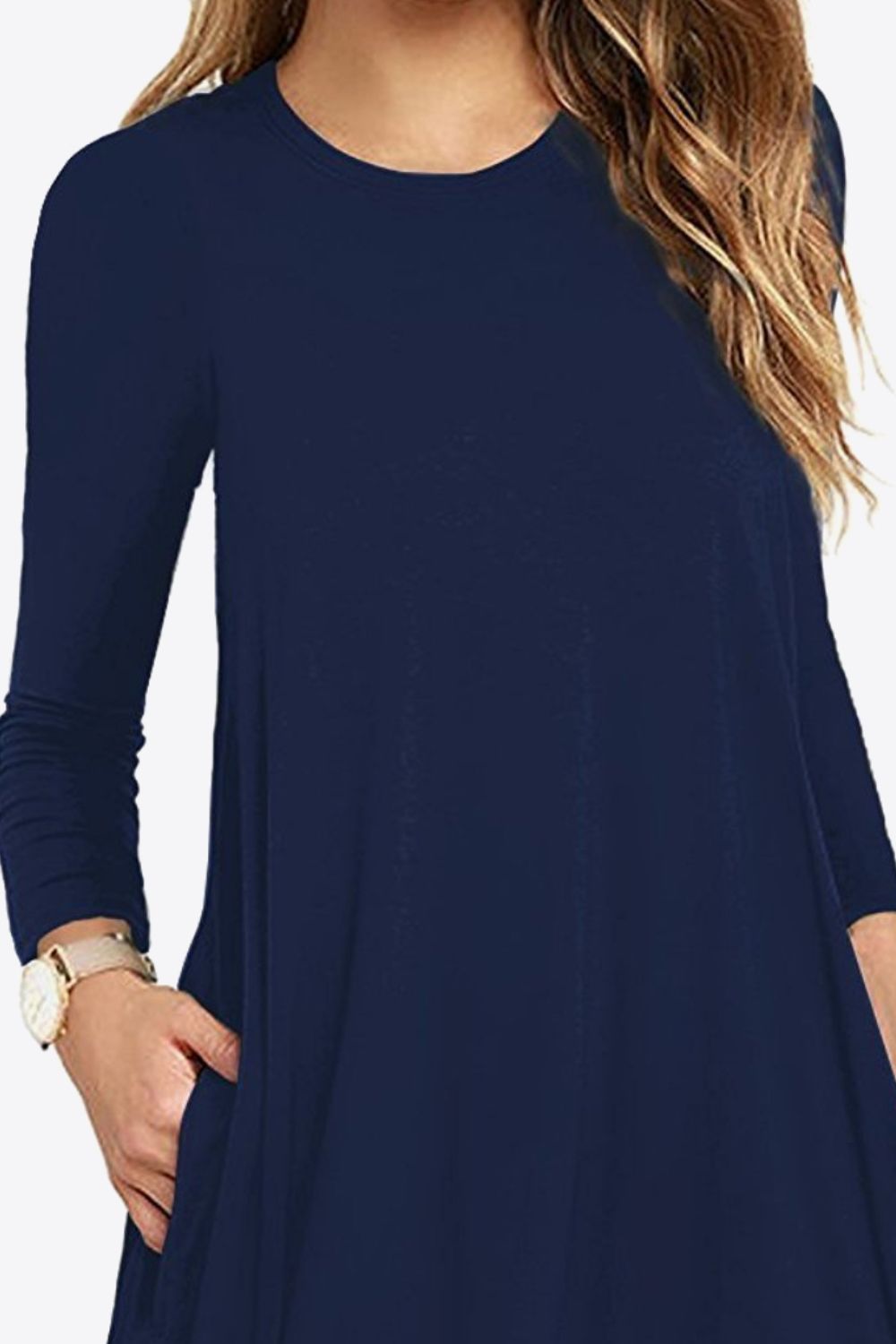 Full Size Long-Sleeve Round Neck Dress with Pockets