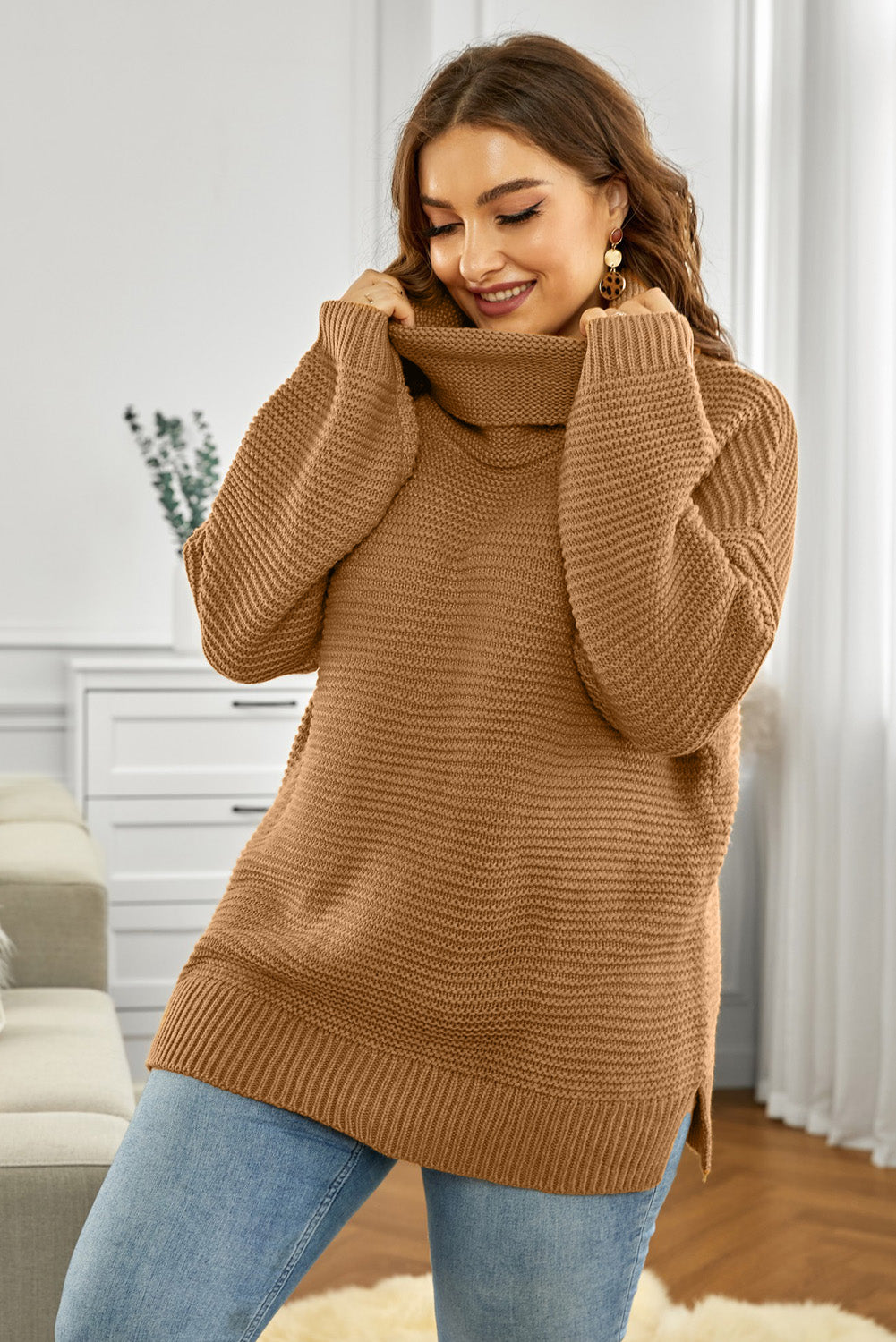 Horizontal Ribbing Turtleneck Sweater