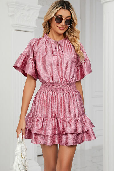 Smocked Tie Neck Flounce Sleeve Dress