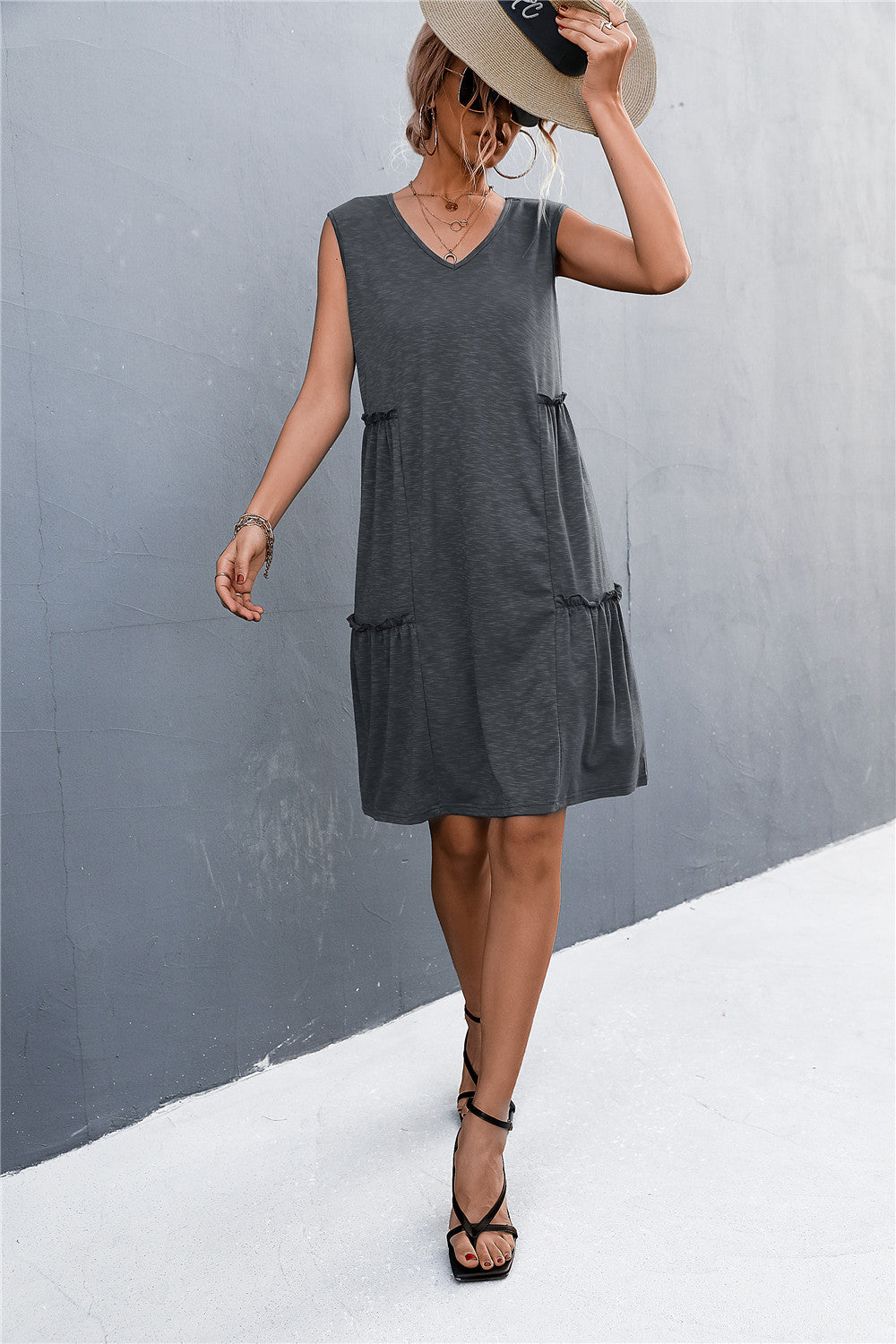 V-Neck Frill Trim Sleeveless Dress