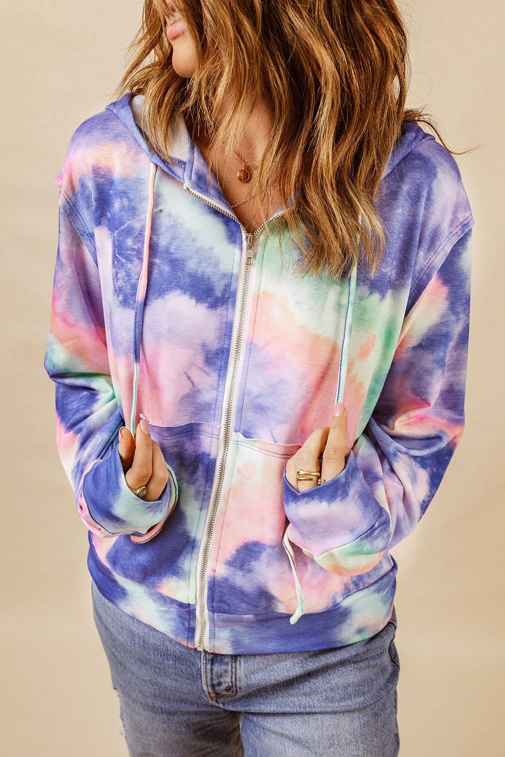 Tie-Dye Drawstring Detail Zip Up Hooded Jacket