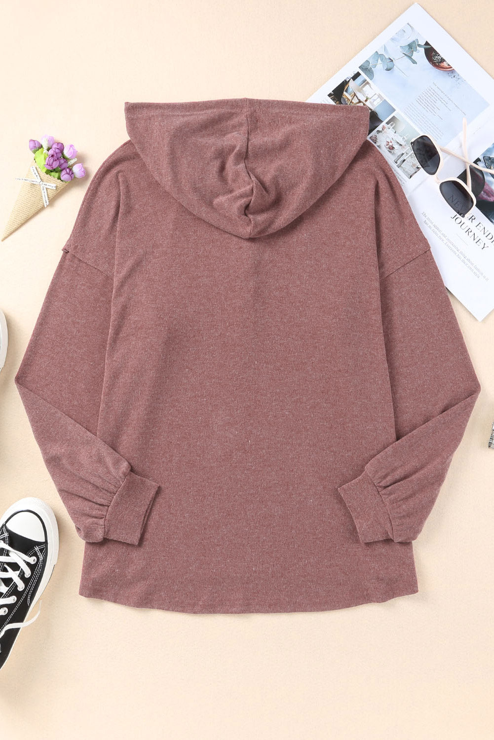 Buttoned Drop Shoulder High-Low Hoodie