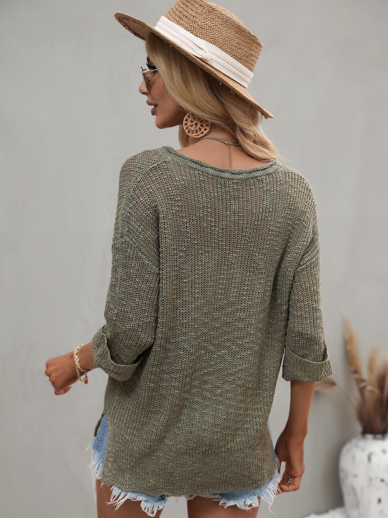 Notched Side Slit Drop Shoulder Sweater