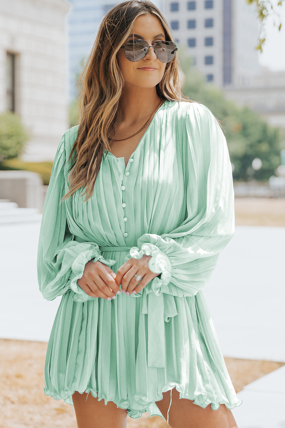 Pleated Button Front Flounce Sleeve Romper