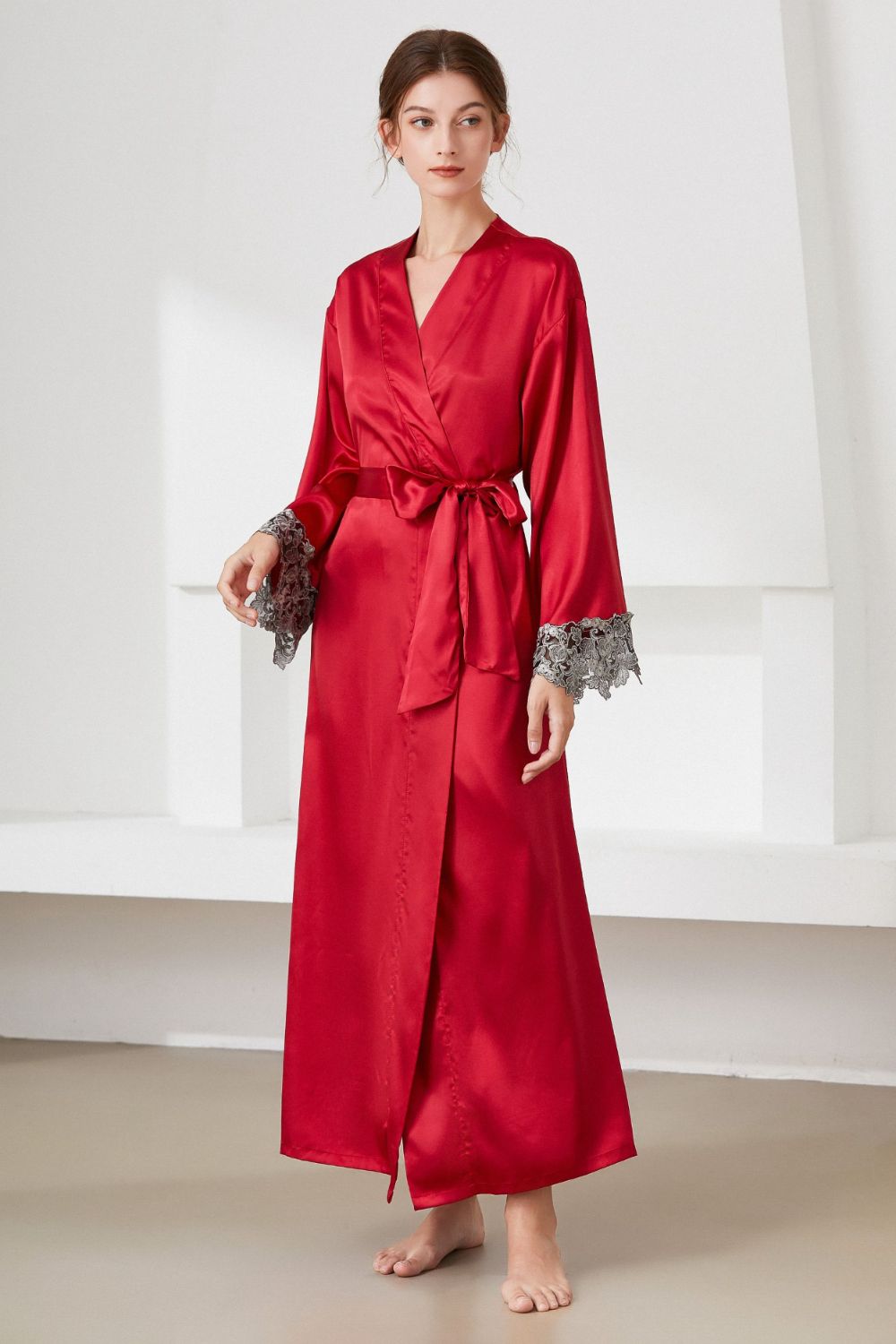 Contrast  Lace Trim Belted Robe