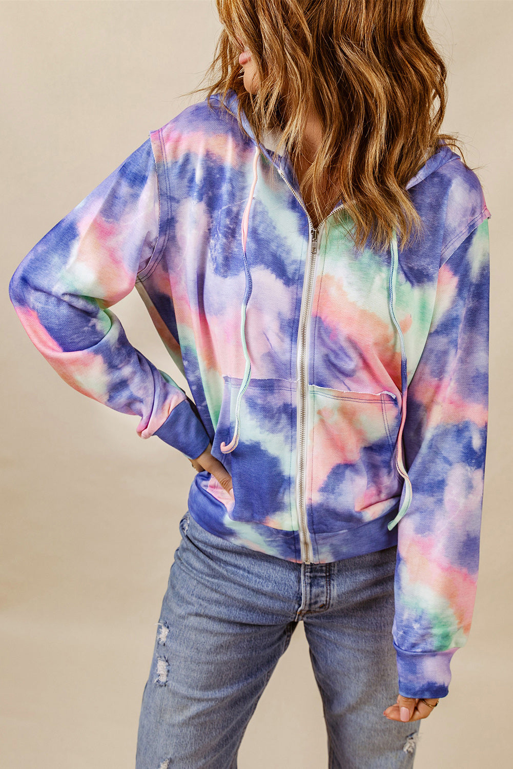 Tie-Dye Drawstring Detail Zip Up Hooded Jacket