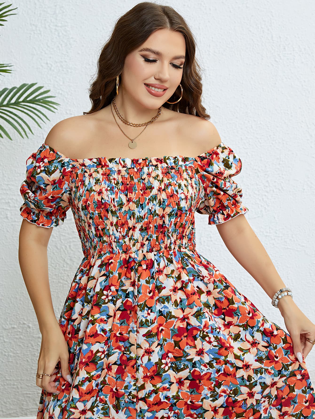 Plus Size Floral Smocked Square Neck Dress