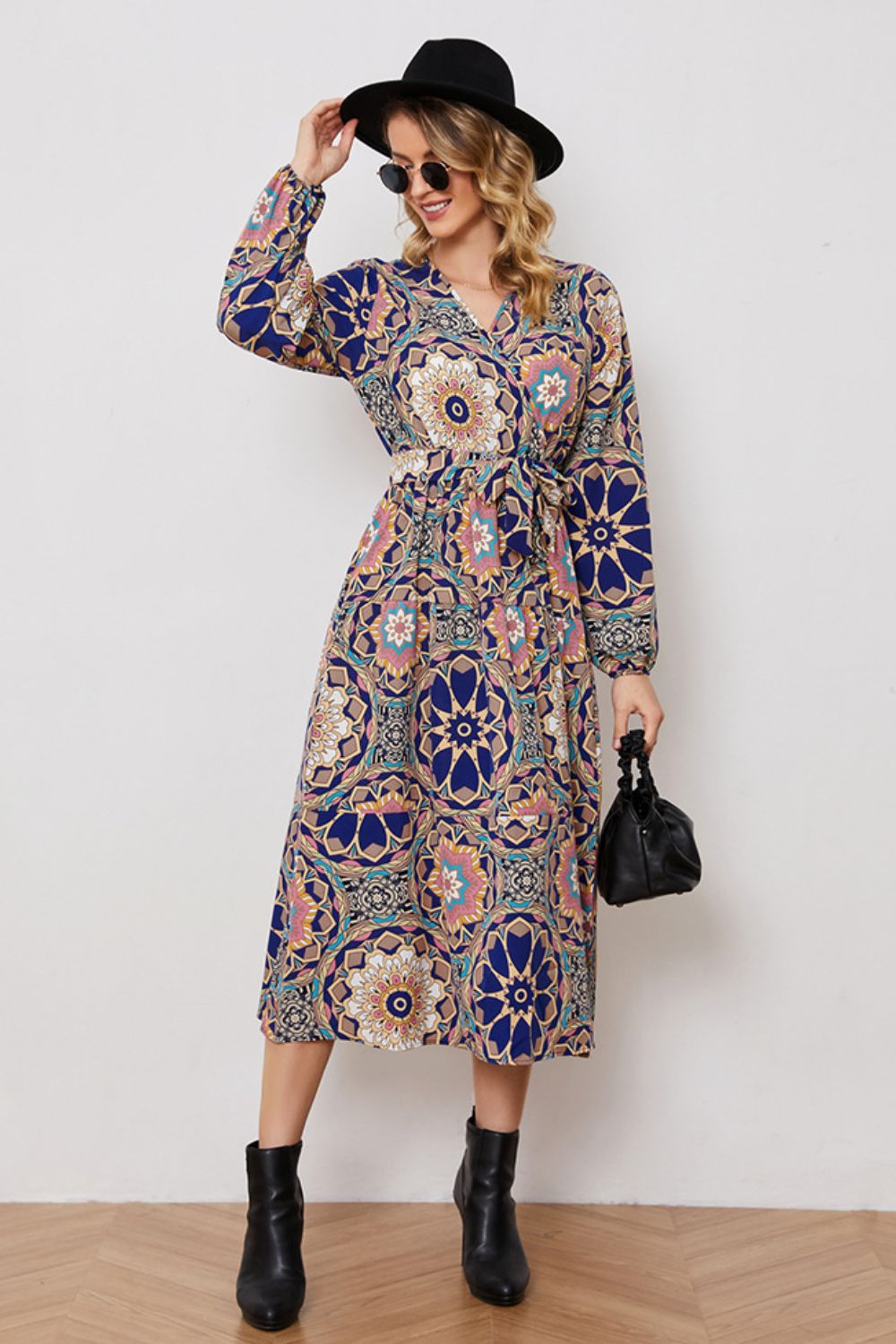 Printed Tie Waist Surplice Neck Dress