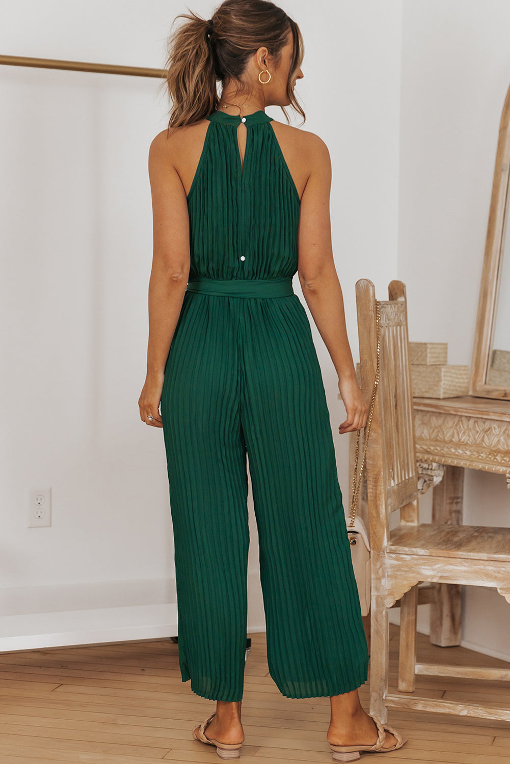 Accordion Pleated Belted Grecian Neck Sleeveless Jumpsuit