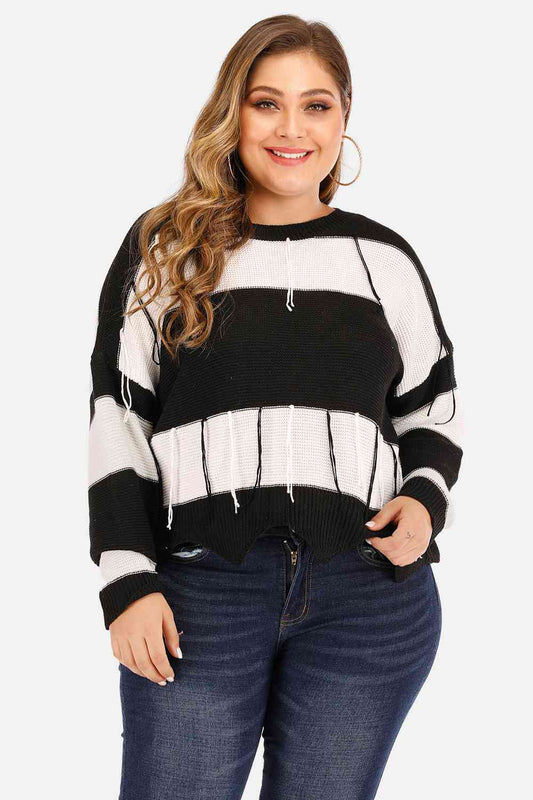 Plus Size Drop Shoulder Color Block Sweater