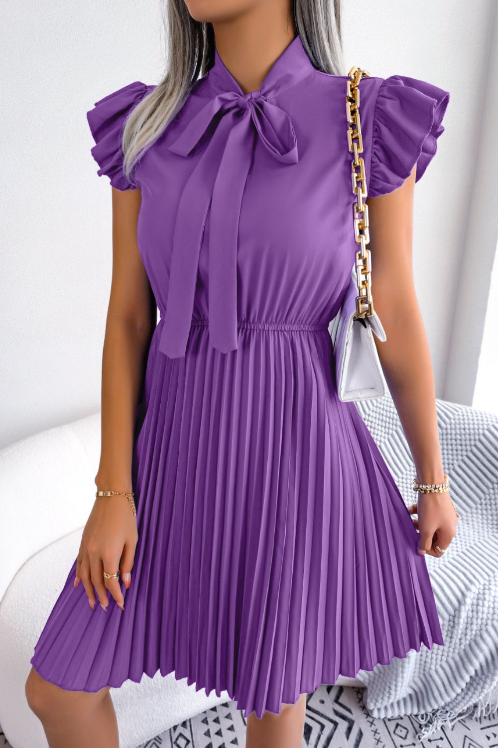 Tie Neck Butterfly Sleeve Pleated Dress