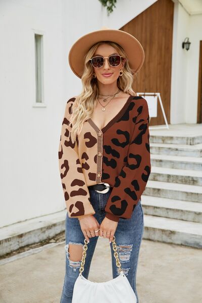 Leopard Button Up Dropped Shoulder Cardigan