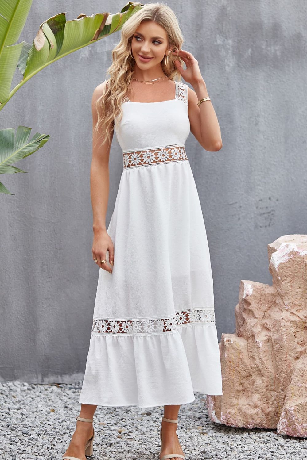 Spliced Lace Square Neck Sleeveless Midi Dress