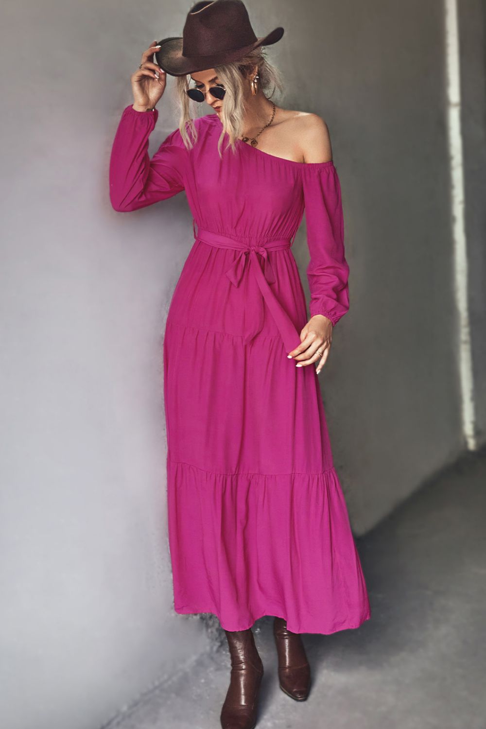 Belted One-Shoulder Tiered Maxi Dress