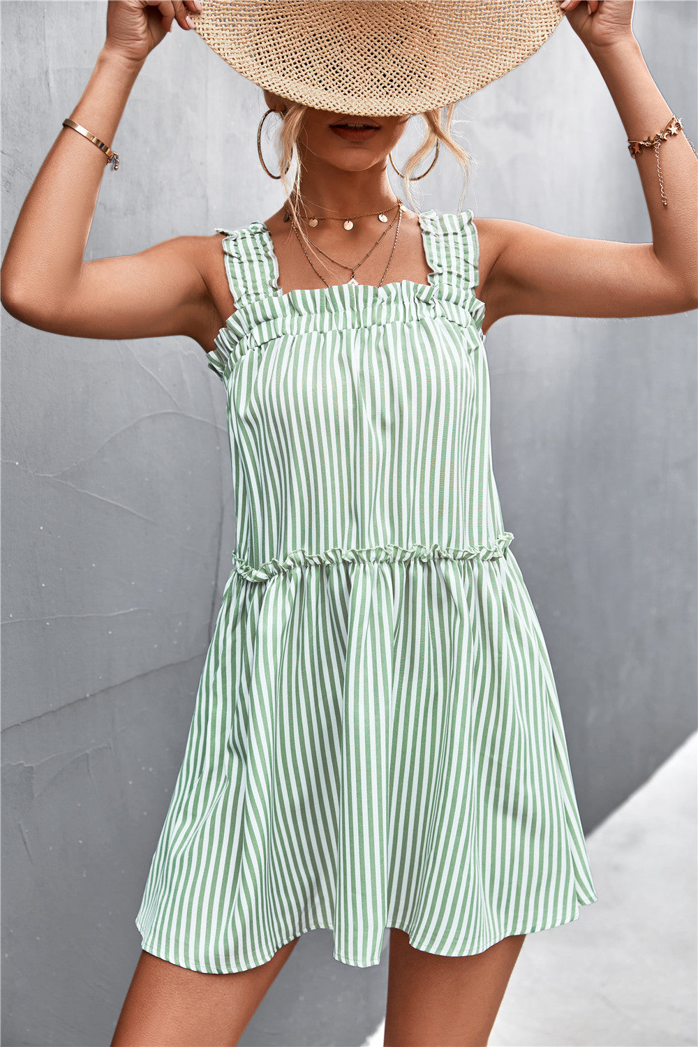 Striped Frill Trim Square Neck Dress